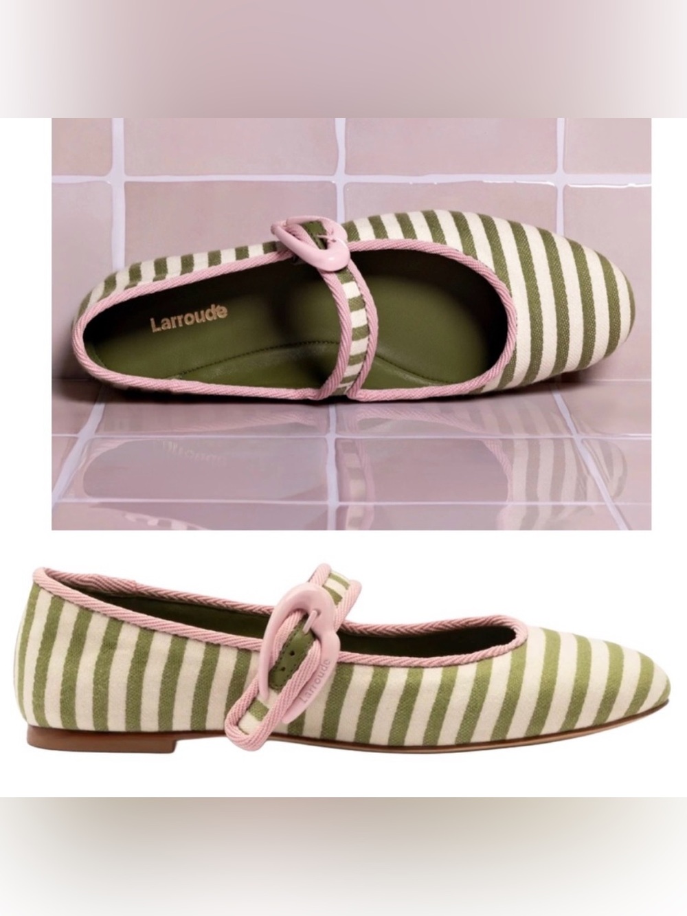 LARROUDÉ VERONA BALLET FLAT IN SEAWEED & NATURAL STRIPED FABRIC & TULIP TRIMMING